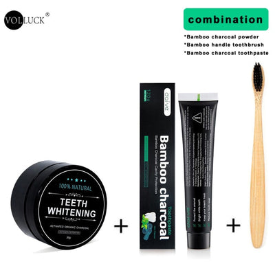 Bamboo toothbrush set with activated coconut charcoal toothpaste and our all natural teeth whitener