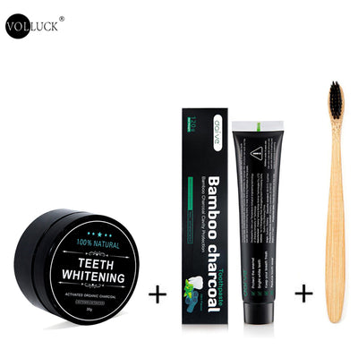 Bamboo toothbrush set with activated coconut charcoal toothpaste and our all natural teeth whitener